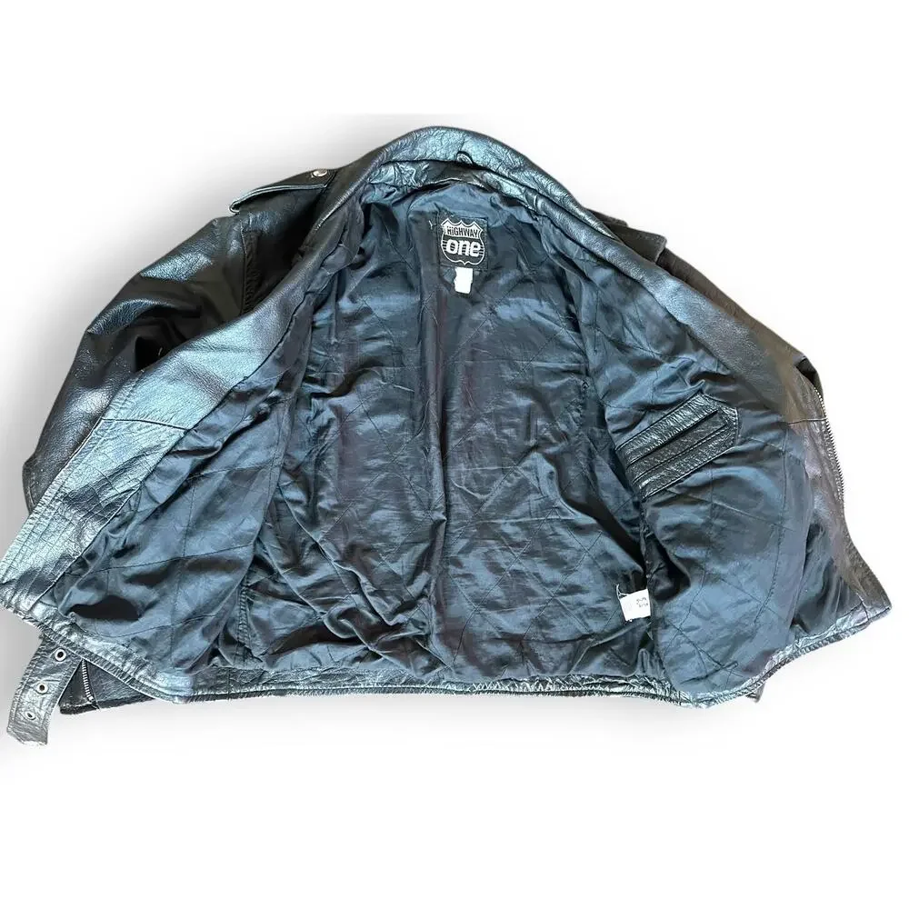 Vintage Highway One Motorcycle Black Moto Jacket M Oversized Belted Lined